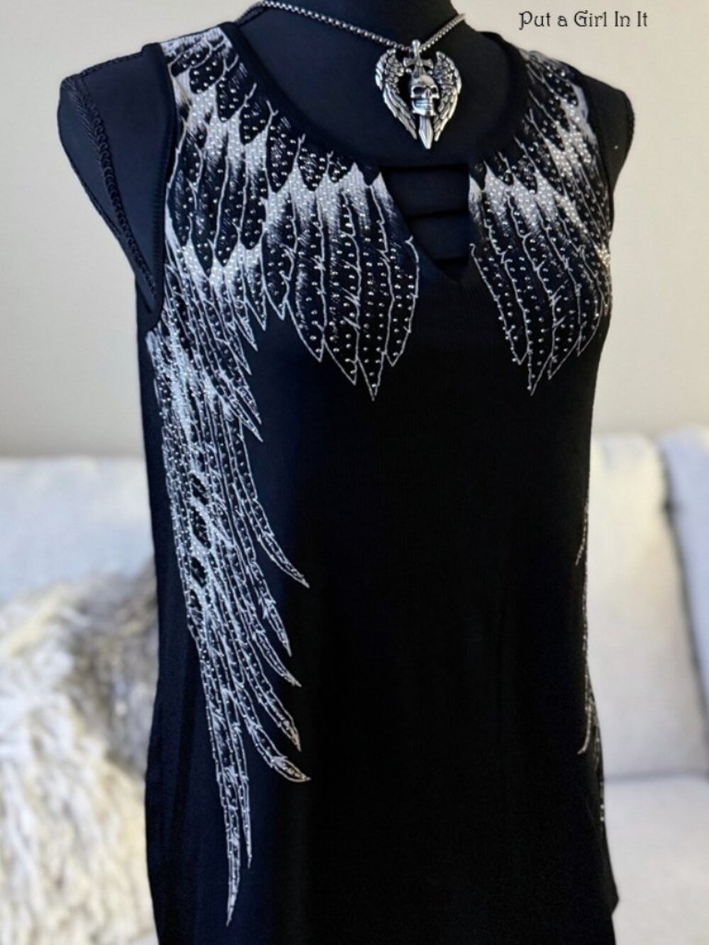 Vocal Apparel women's crystal black angel wings cutout neck s m l xl 1x 2x 3x